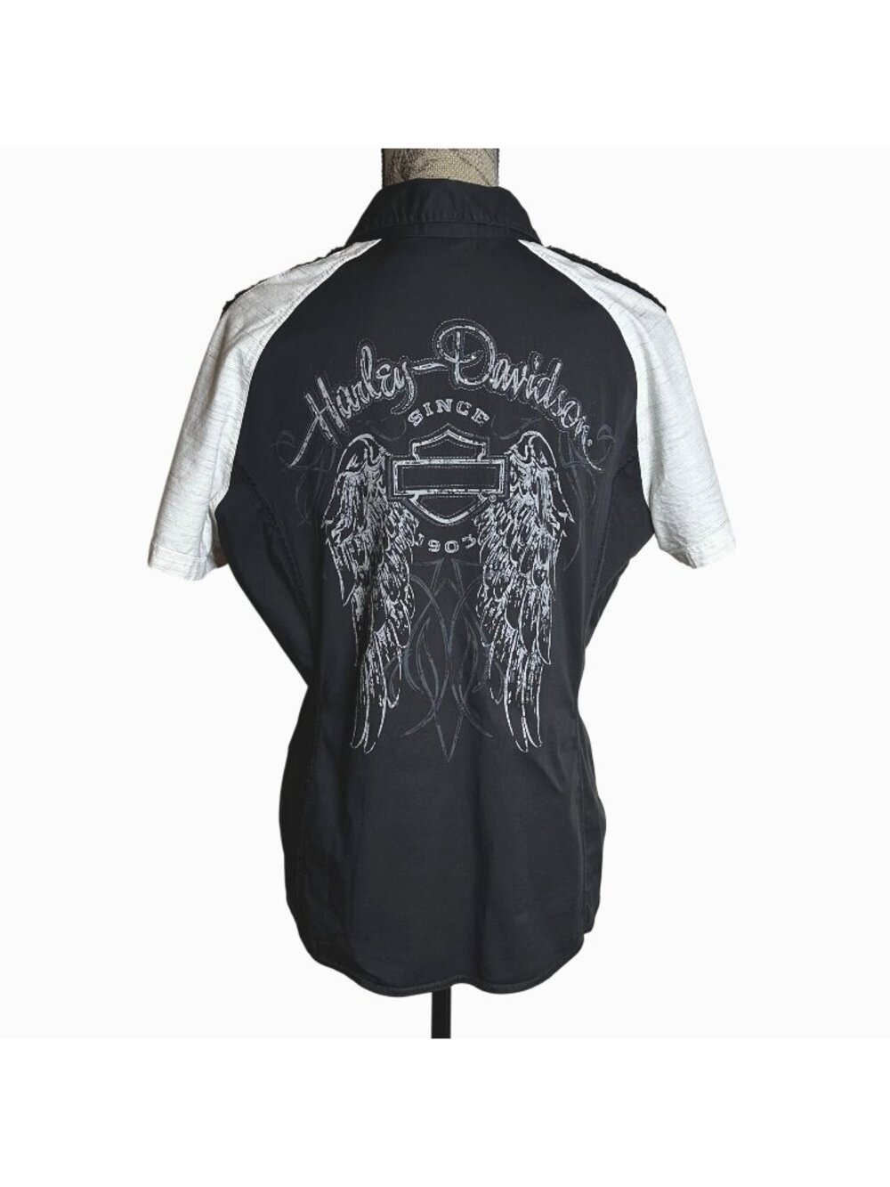 HARLEY-DAVIDSON Black White Lace Biker Moto Full Zip Rhinestone Wings Top L